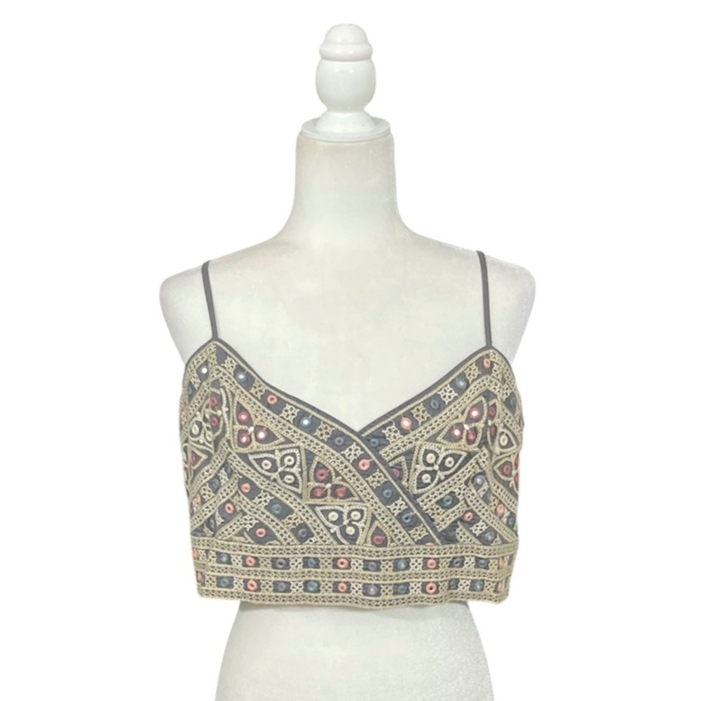 American Eagle Boho Crop Top XL Grey Embroidered Mirror Gypsy Festival Artsy